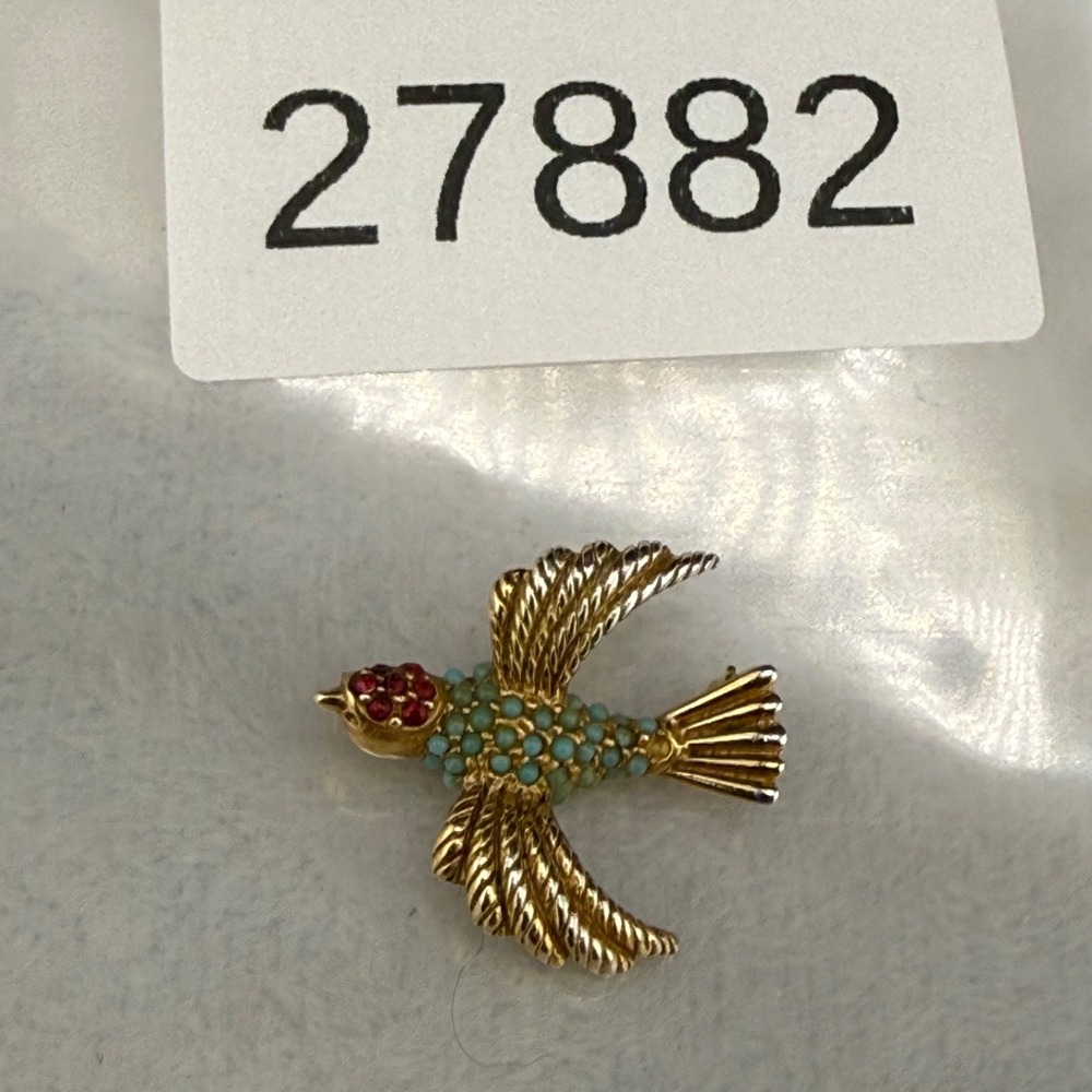 Vintage Ciner Bird Brooch Gold Tone Bead Rhinestone Signed - Picture 8 of 10